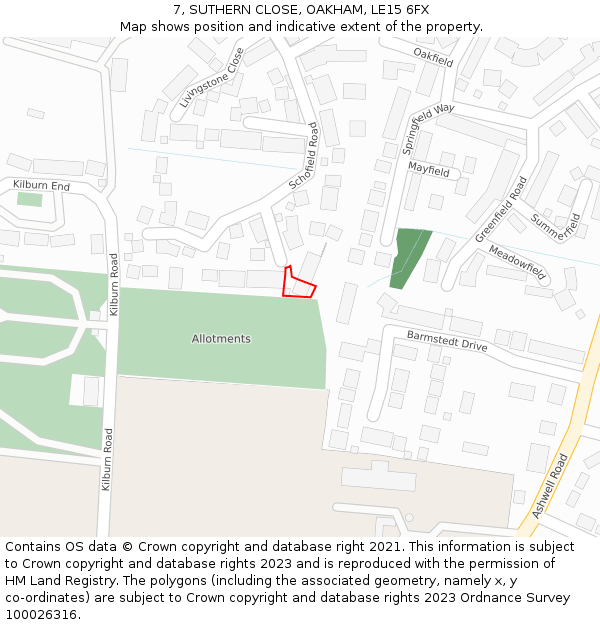 7, SUTHERN CLOSE, OAKHAM, LE15 6FX: Location map and indicative extent of plot