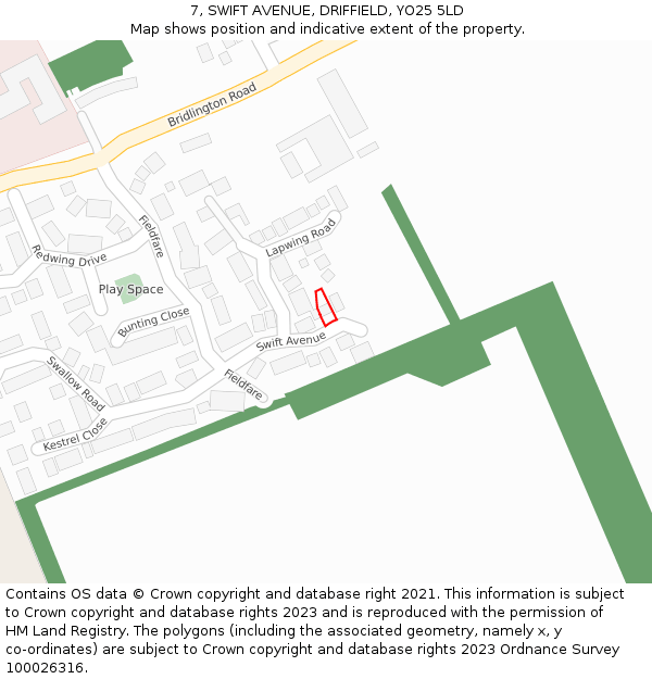 7, SWIFT AVENUE, DRIFFIELD, YO25 5LD: Location map and indicative extent of plot