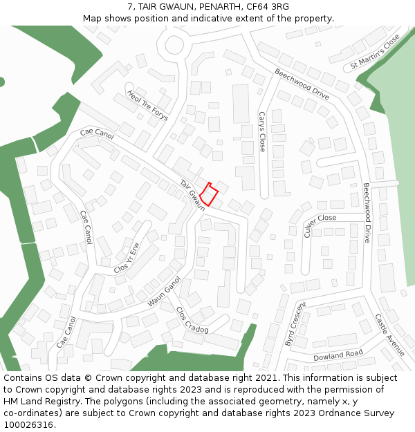 7, TAIR GWAUN, PENARTH, CF64 3RG: Location map and indicative extent of plot