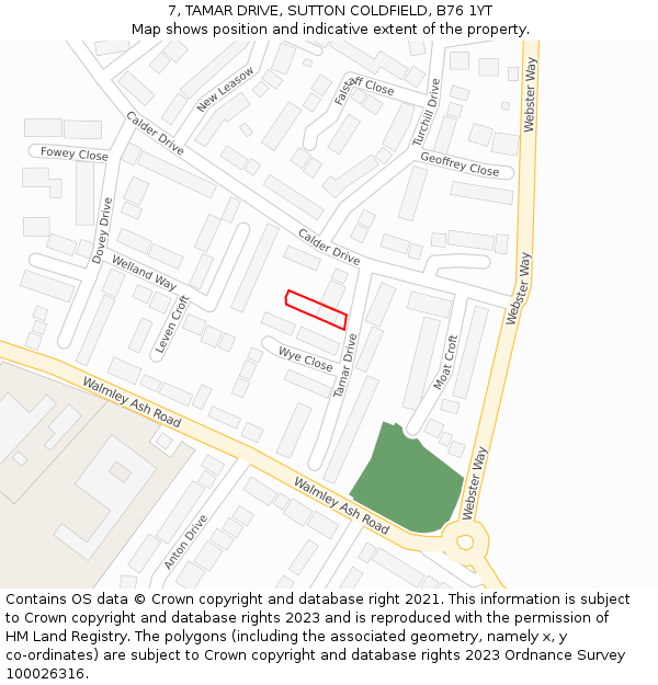 7, TAMAR DRIVE, SUTTON COLDFIELD, B76 1YT: Location map and indicative extent of plot