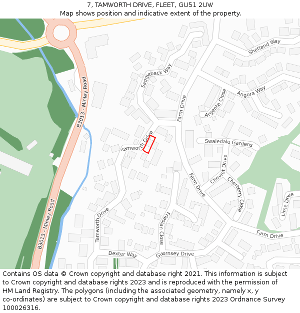 7, TAMWORTH DRIVE, FLEET, GU51 2UW: Location map and indicative extent of plot