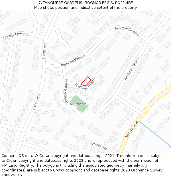 7, TANGMERE GARDENS, BOGNOR REGIS, PO21 4BE: Location map and indicative extent of plot