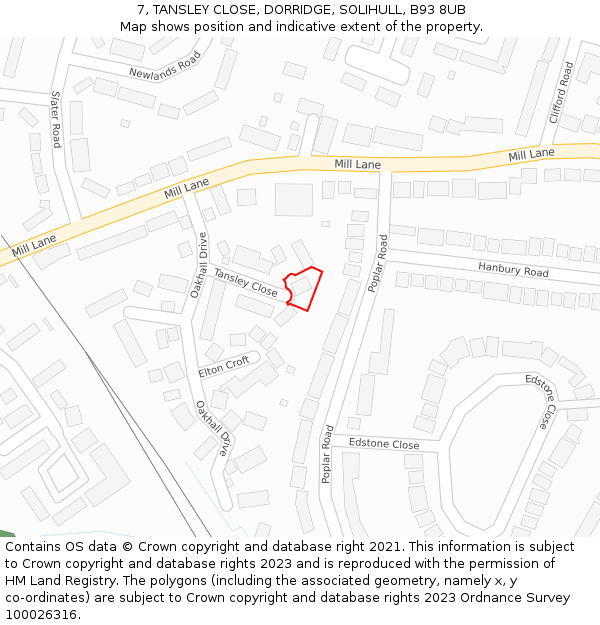 7, TANSLEY CLOSE, DORRIDGE, SOLIHULL, B93 8UB: Location map and indicative extent of plot