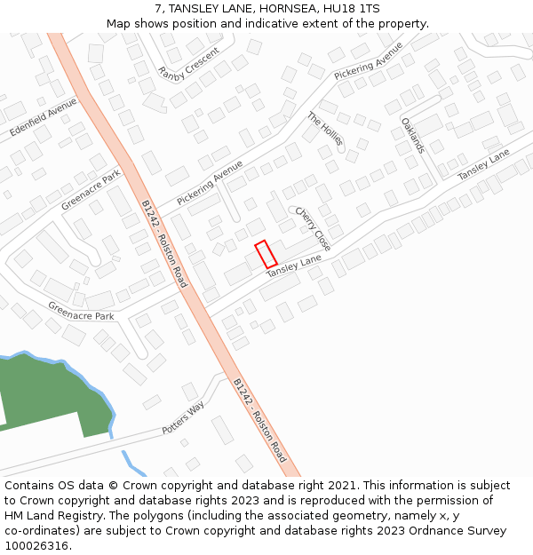 7, TANSLEY LANE, HORNSEA, HU18 1TS: Location map and indicative extent of plot