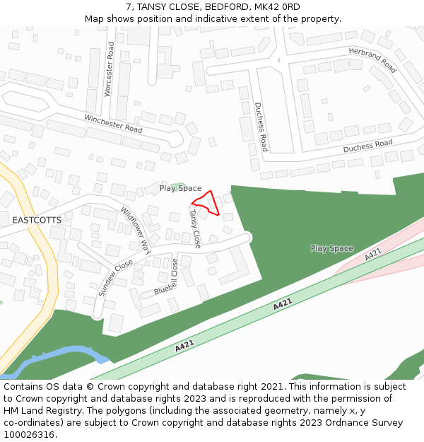 7, TANSY CLOSE, BEDFORD, MK42 0RD: Location map and indicative extent of plot