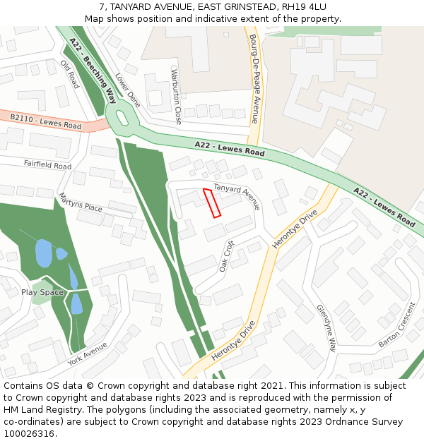 7, TANYARD AVENUE, EAST GRINSTEAD, RH19 4LU: Location map and indicative extent of plot