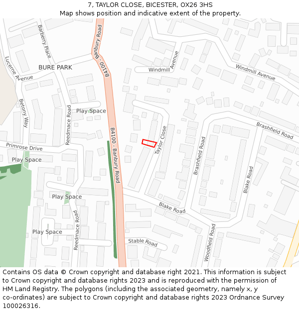 7, TAYLOR CLOSE, BICESTER, OX26 3HS: Location map and indicative extent of plot