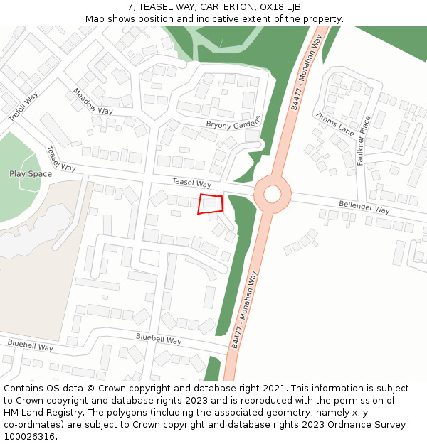 7, TEASEL WAY, CARTERTON, OX18 1JB: Location map and indicative extent of plot