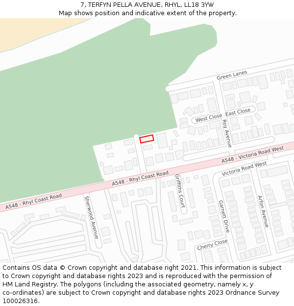 7, TERFYN PELLA AVENUE, RHYL, LL18 3YW: Location map and indicative extent of plot