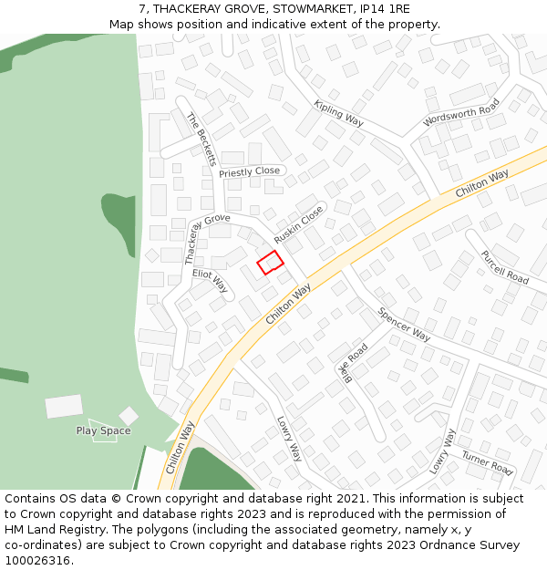 7, THACKERAY GROVE, STOWMARKET, IP14 1RE: Location map and indicative extent of plot