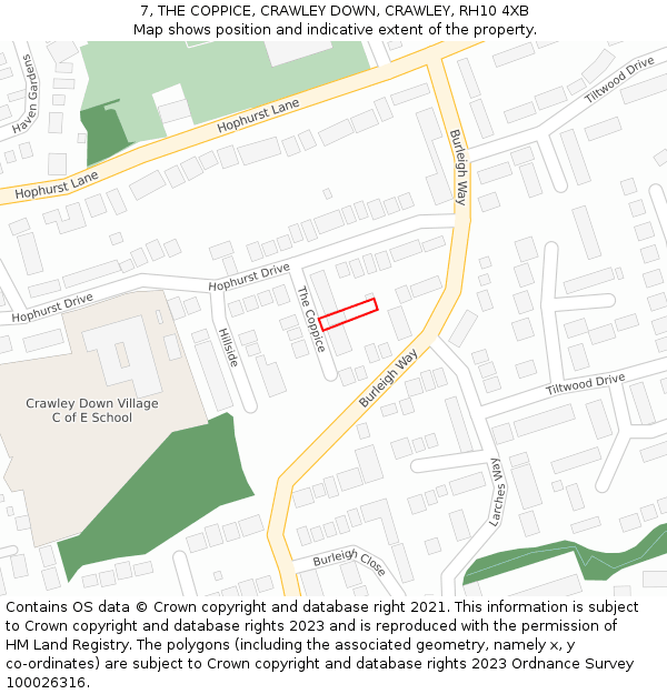 7, THE COPPICE, CRAWLEY DOWN, CRAWLEY, RH10 4XB: Location map and indicative extent of plot