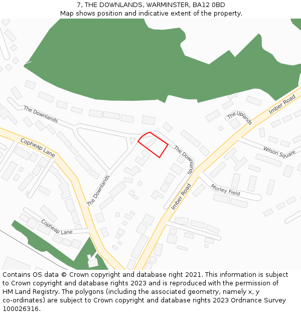 7, THE DOWNLANDS, WARMINSTER, BA12 0BD: Location map and indicative extent of plot