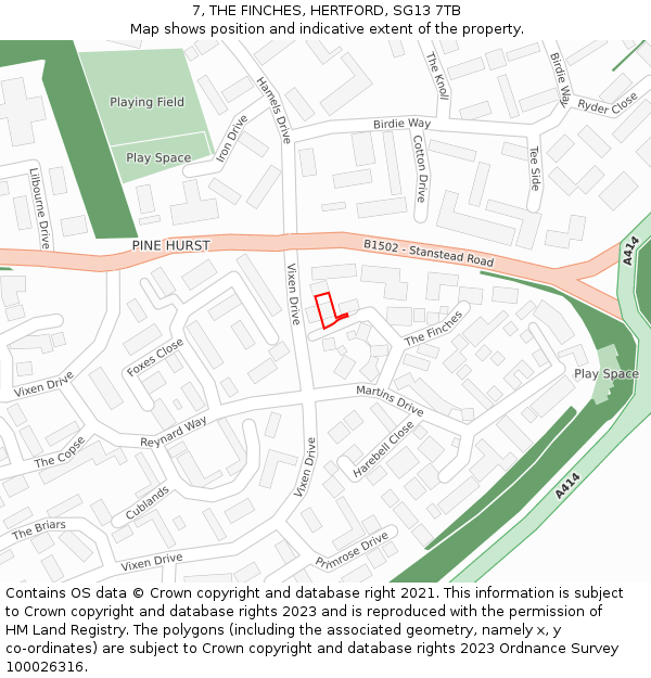 7, THE FINCHES, HERTFORD, SG13 7TB: Location map and indicative extent of plot