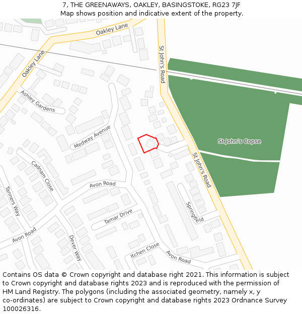 7, THE GREENAWAYS, OAKLEY, BASINGSTOKE, RG23 7JF: Location map and indicative extent of plot