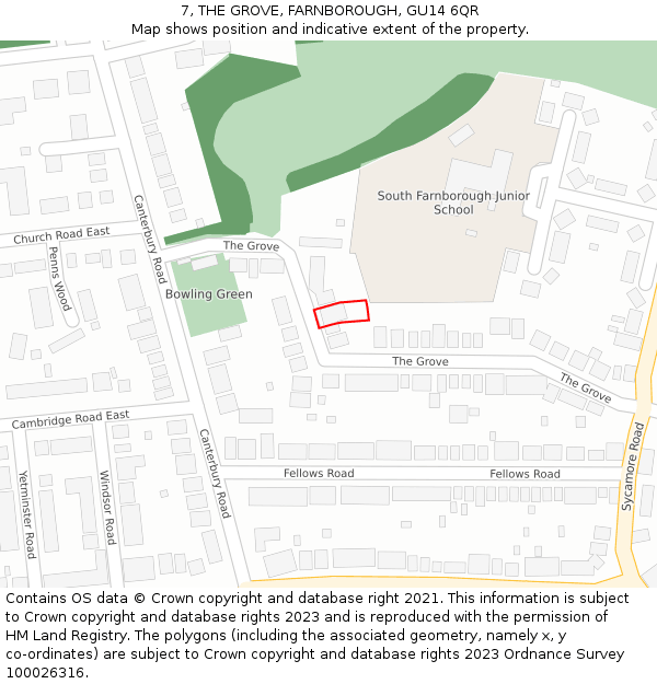 7, THE GROVE, FARNBOROUGH, GU14 6QR: Location map and indicative extent of plot