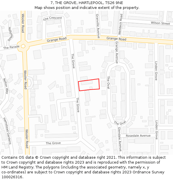 7, THE GROVE, HARTLEPOOL, TS26 9NE: Location map and indicative extent of plot