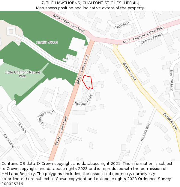 7, THE HAWTHORNS, CHALFONT ST GILES, HP8 4UJ: Location map and indicative extent of plot