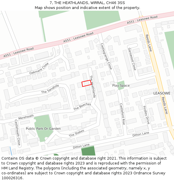 7, THE HEATHLANDS, WIRRAL, CH46 3SS: Location map and indicative extent of plot