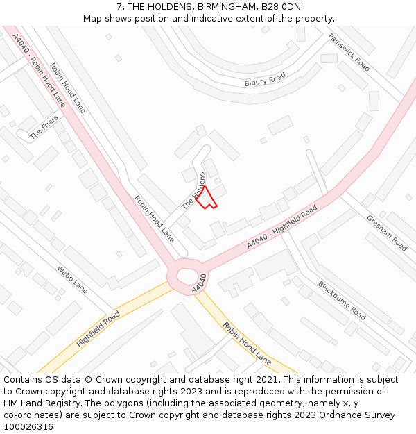 7, THE HOLDENS, BIRMINGHAM, B28 0DN: Location map and indicative extent of plot