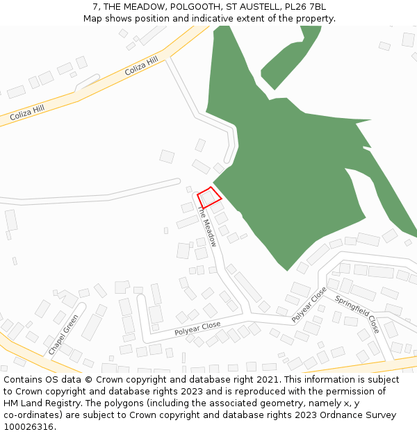 7, THE MEADOW, POLGOOTH, ST AUSTELL, PL26 7BL: Location map and indicative extent of plot