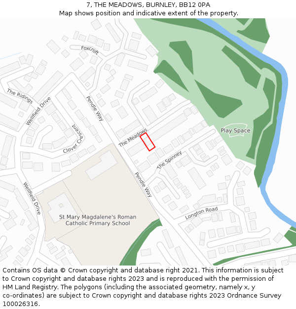 7, THE MEADOWS, BURNLEY, BB12 0PA: Location map and indicative extent of plot