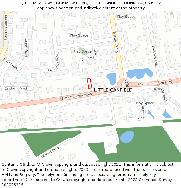 7, THE MEADOWS, DUNMOW ROAD, LITTLE CANFIELD, DUNMOW, CM6 1TA: Location map and indicative extent of plot