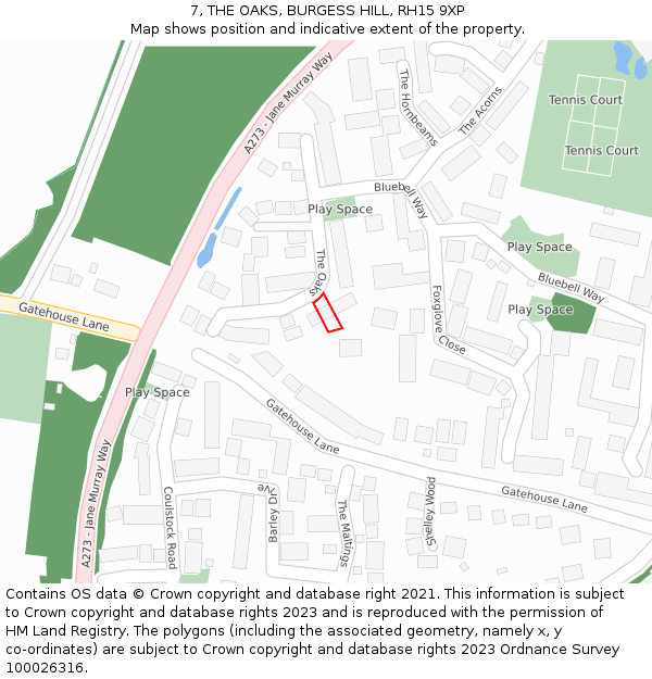 7, THE OAKS, BURGESS HILL, RH15 9XP: Location map and indicative extent of plot