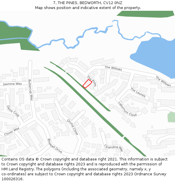 7, THE PINES, BEDWORTH, CV12 0NZ: Location map and indicative extent of plot