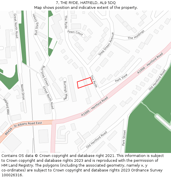 7, THE RYDE, HATFIELD, AL9 5DQ: Location map and indicative extent of plot