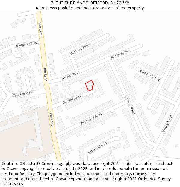 7, THE SHETLANDS, RETFORD, DN22 6YA: Location map and indicative extent of plot