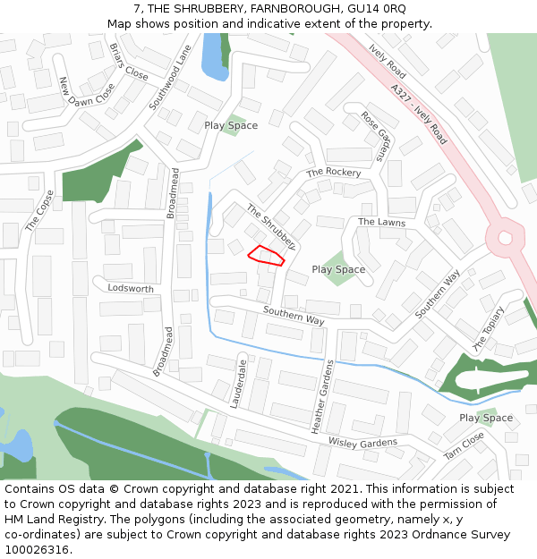 7, THE SHRUBBERY, FARNBOROUGH, GU14 0RQ: Location map and indicative extent of plot