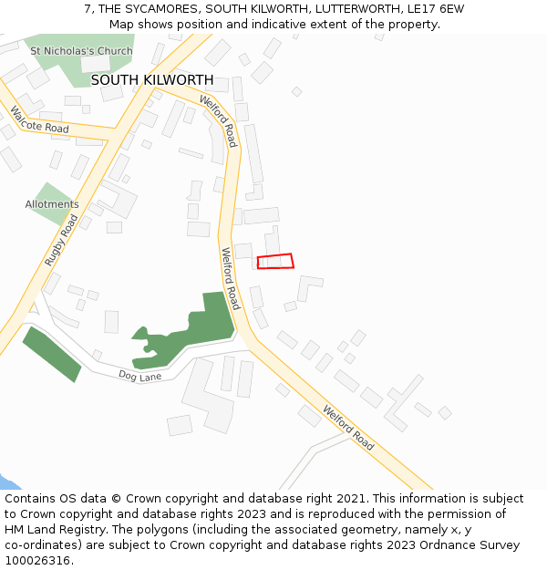 7, THE SYCAMORES, SOUTH KILWORTH, LUTTERWORTH, LE17 6EW: Location map and indicative extent of plot