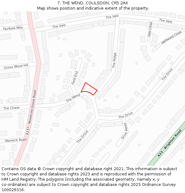 7, THE WEND, COULSDON, CR5 2AX: Location map and indicative extent of plot