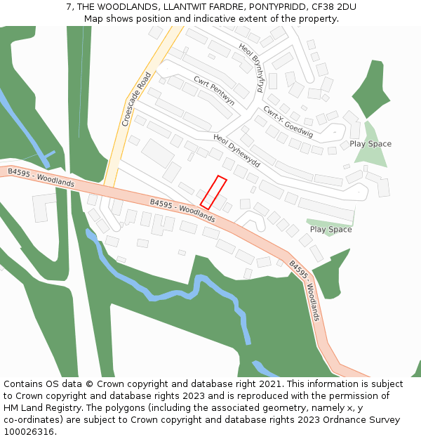 7, THE WOODLANDS, LLANTWIT FARDRE, PONTYPRIDD, CF38 2DU: Location map and indicative extent of plot