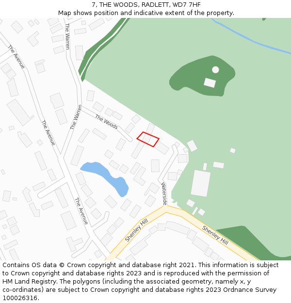 7, THE WOODS, RADLETT, WD7 7HF: Location map and indicative extent of plot