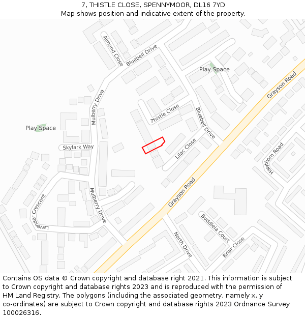 7, THISTLE CLOSE, SPENNYMOOR, DL16 7YD: Location map and indicative extent of plot