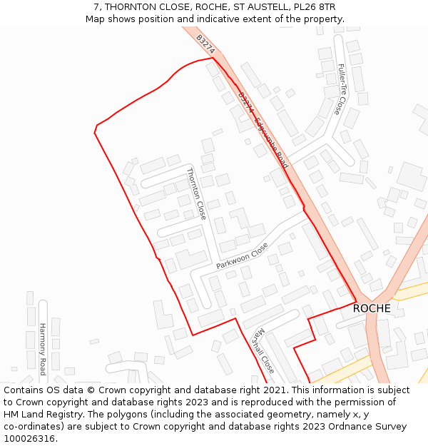 7, THORNTON CLOSE, ROCHE, ST AUSTELL, PL26 8TR: Location map and indicative extent of plot