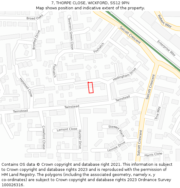 7, THORPE CLOSE, WICKFORD, SS12 9PN: Location map and indicative extent of plot