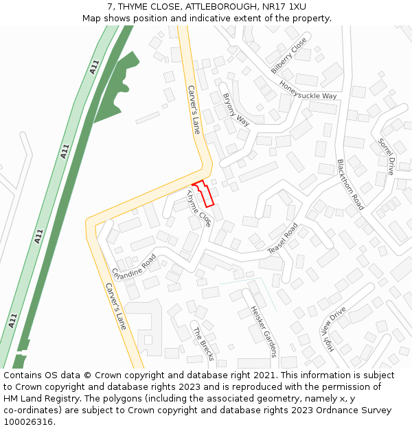 7, THYME CLOSE, ATTLEBOROUGH, NR17 1XU: Location map and indicative extent of plot