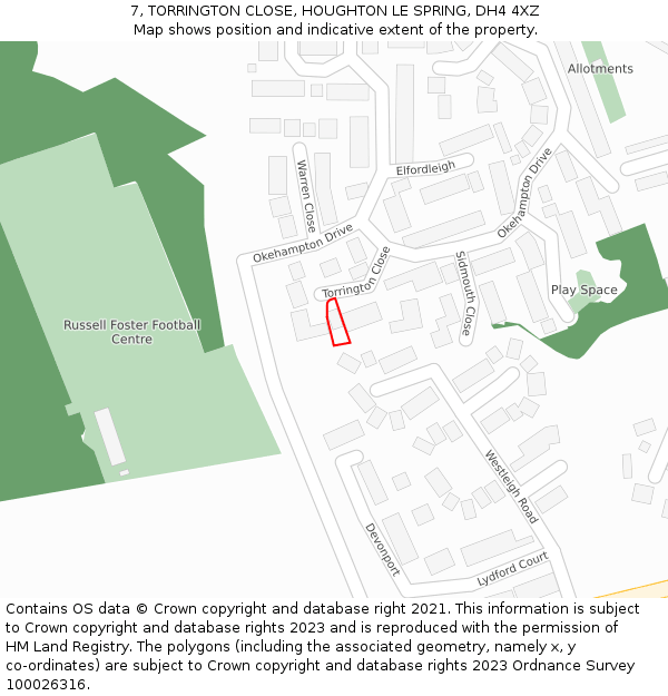 7, TORRINGTON CLOSE, HOUGHTON LE SPRING, DH4 4XZ: Location map and indicative extent of plot