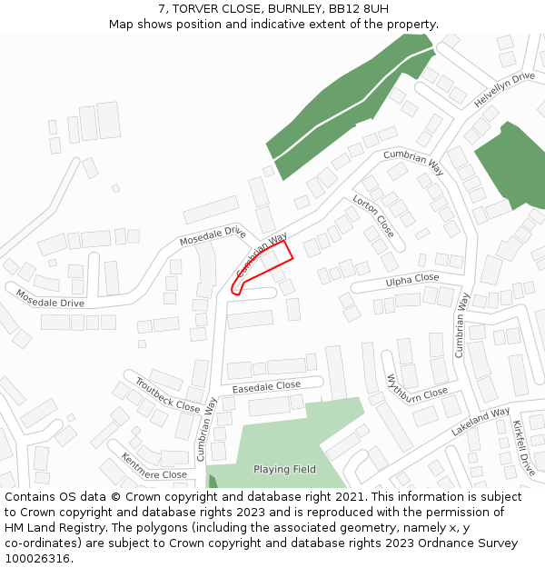 7, TORVER CLOSE, BURNLEY, BB12 8UH: Location map and indicative extent of plot