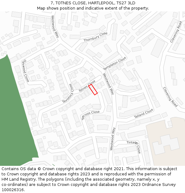 7, TOTNES CLOSE, HARTLEPOOL, TS27 3LD: Location map and indicative extent of plot