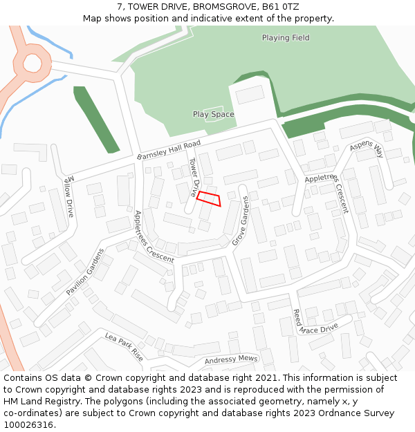 7, TOWER DRIVE, BROMSGROVE, B61 0TZ: Location map and indicative extent of plot