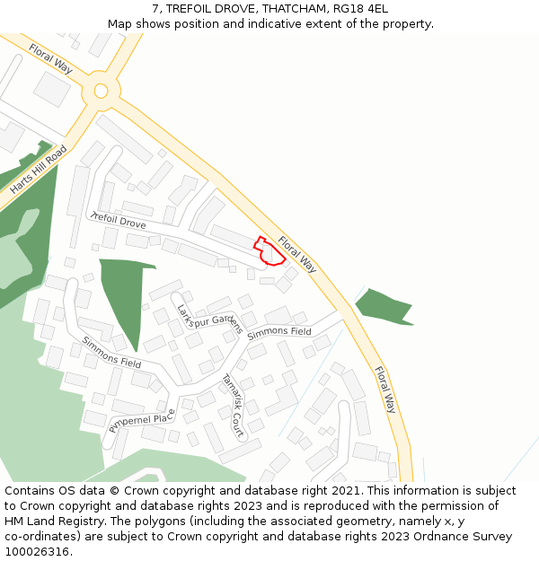 7, TREFOIL DROVE, THATCHAM, RG18 4EL: Location map and indicative extent of plot