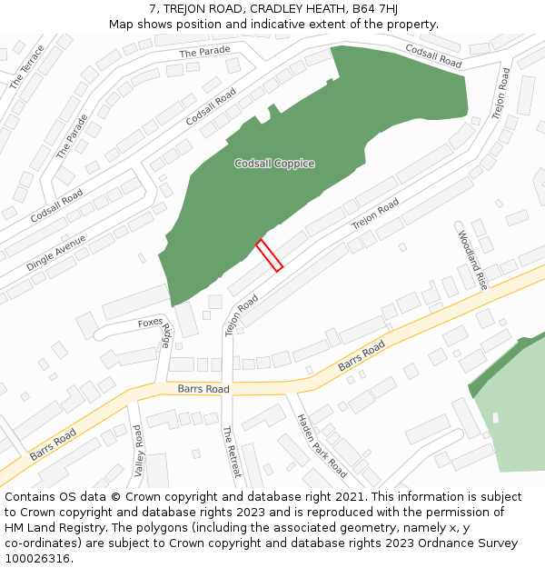 7, TREJON ROAD, CRADLEY HEATH, B64 7HJ: Location map and indicative extent of plot