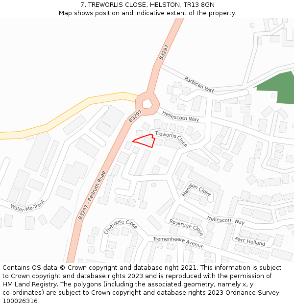7, TREWORLIS CLOSE, HELSTON, TR13 8GN: Location map and indicative extent of plot