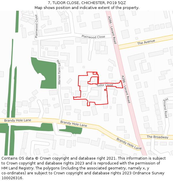 7, TUDOR CLOSE, CHICHESTER, PO19 5QZ: Location map and indicative extent of plot