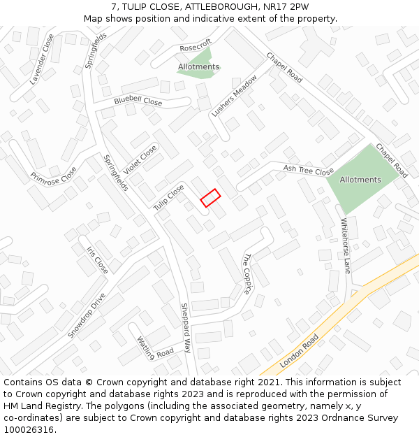 7, TULIP CLOSE, ATTLEBOROUGH, NR17 2PW: Location map and indicative extent of plot