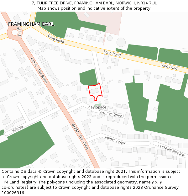7, TULIP TREE DRIVE, FRAMINGHAM EARL, NORWICH, NR14 7UL: Location map and indicative extent of plot