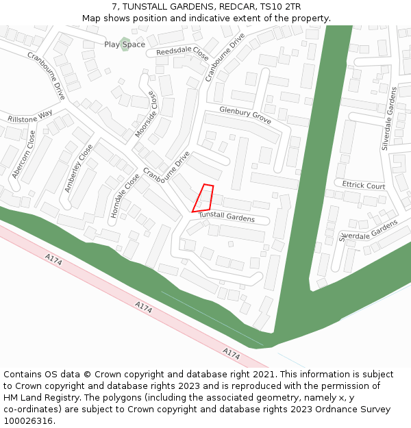 7, TUNSTALL GARDENS, REDCAR, TS10 2TR: Location map and indicative extent of plot